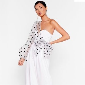 White Jumpsuit with shear polka dot one shoulder